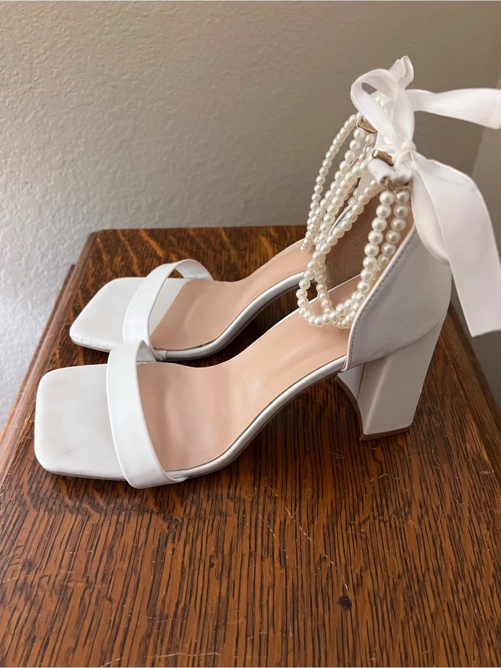 SHEIN White Pearl-Ankle Strap Block Heels